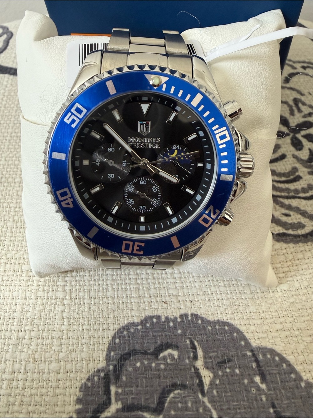 Montres Prestige Men’s Quartz Chronograph 24-Hr Black Dial Blue Bezel w/ Box